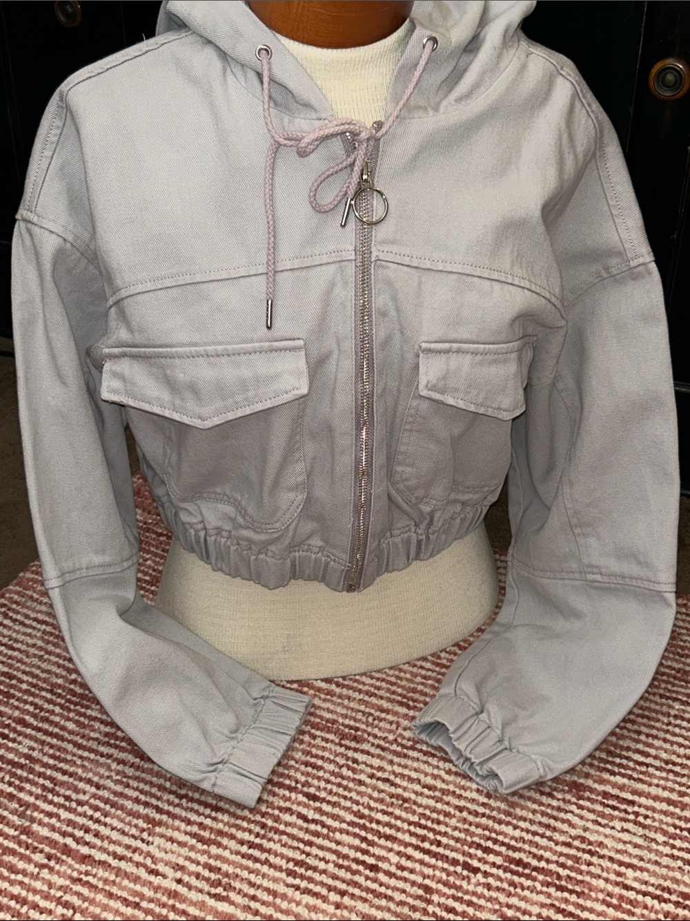 Stoosh Light Gray Cropped Hooded Bomber Jacket